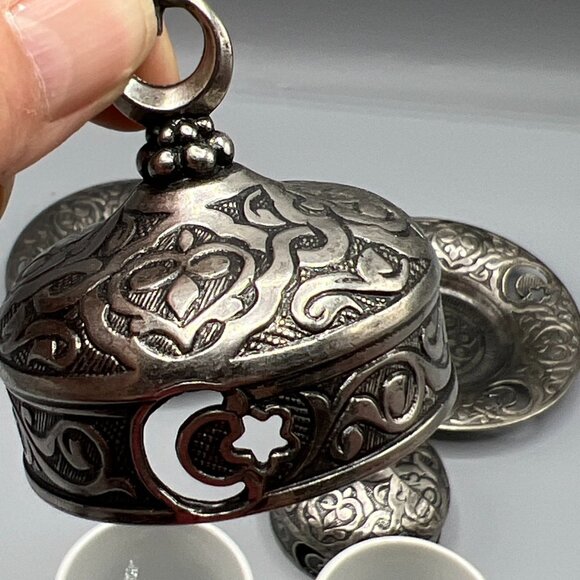 2 Coffee Cup Saucer Sets Silver Color Porcelain Insert Mug Ottoman Turkish - Picture 3 of 12